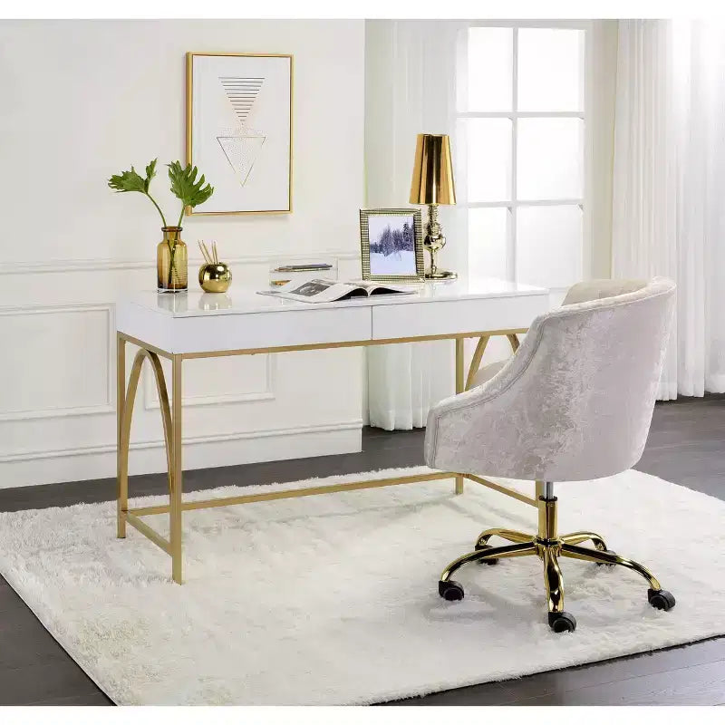 Scrivania con Finitura Lucida Bianca e Dorata – 2 Cassetti, Struttura in Metallo, 119 cm L x 79 cm H