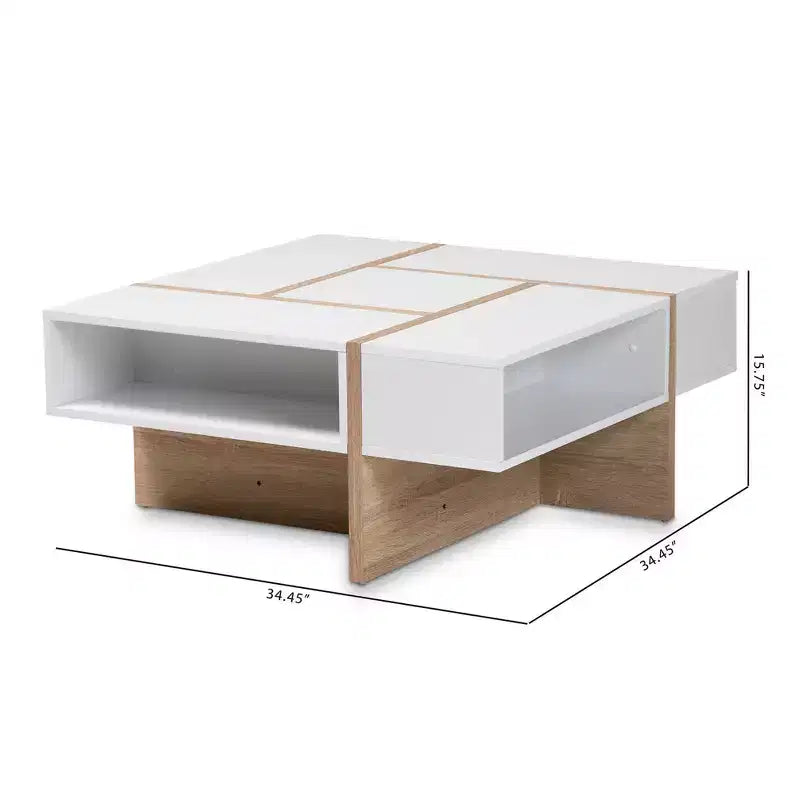 Tavolino da Caffè Geometrico Quadrato – Bianco e Quercia Bicolore, Ripiani a Giorno