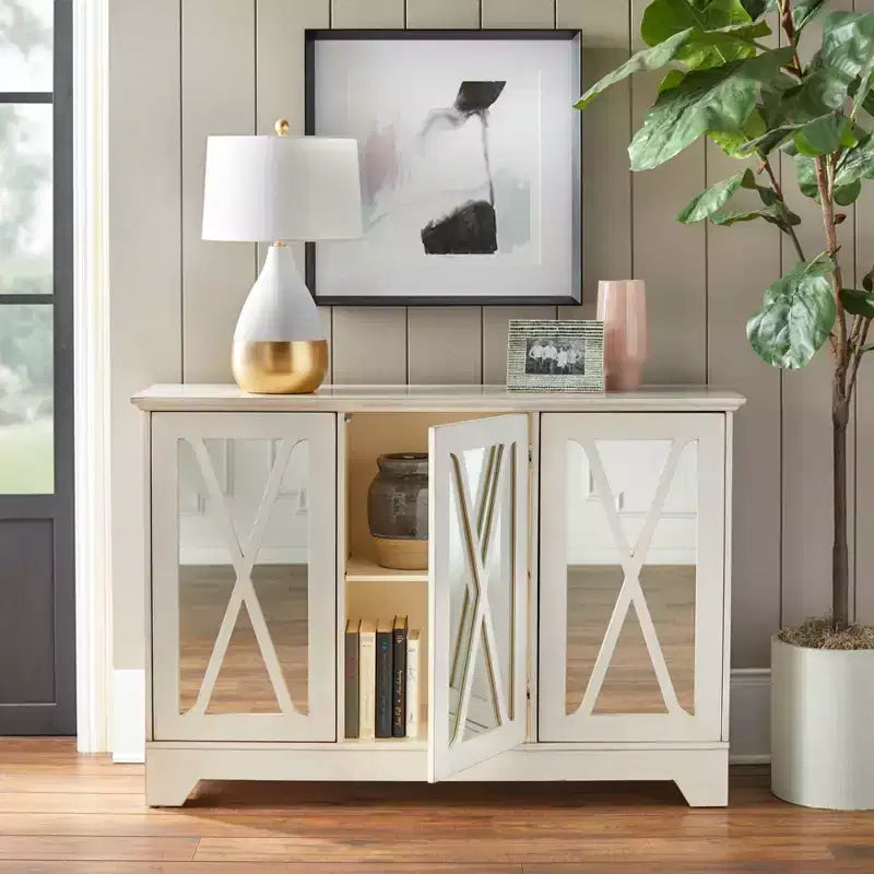 Credenza a buffet con specchio – Finitura nera e a specchio, 3 ante, ripiani regolabili