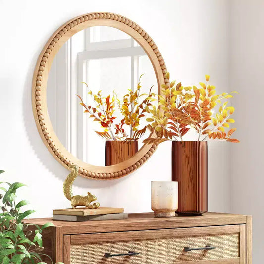 Specchio da parete rotondo con perline in legno da 28" – Marrone chiaro naturale, nessun assemblaggio richiesto