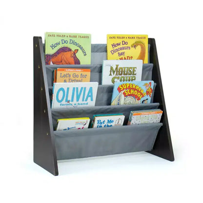 Libreria per bambini a 4 ripiani con tasche in tessuto – Espresso/Grigio, Antiribaltamento, Età 3-8
