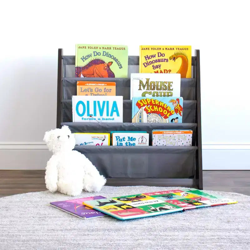 Libreria per bambini a 4 ripiani con tasche in tessuto – Espresso/Grigio, Antiribaltamento, Età 3-8