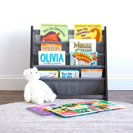 Libreria per bambini a 4 ripiani con tasche in tessuto – Espresso/Grigio, Antiribaltamento, Età 3-8