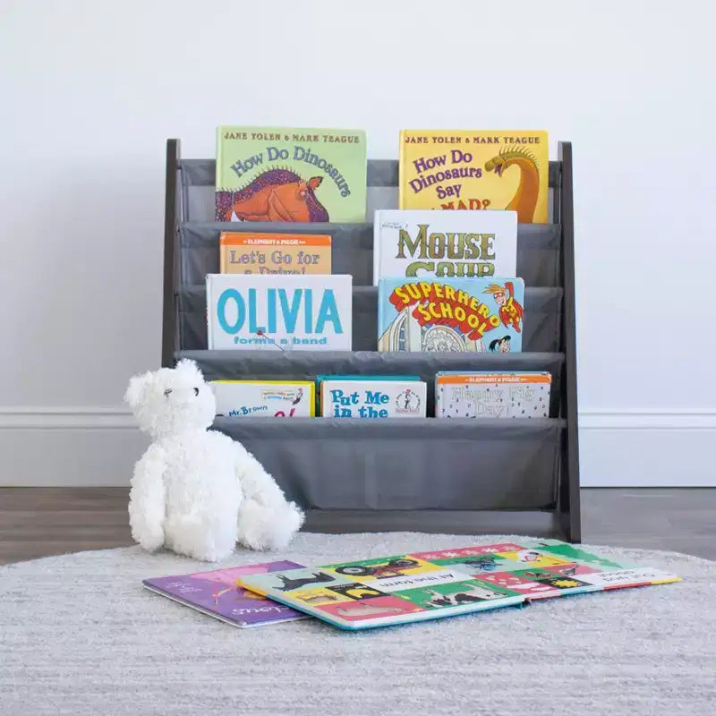Libreria per bambini a 4 ripiani con tasche in tessuto – Espresso/Grigio, Antiribaltamento, Età 3-8