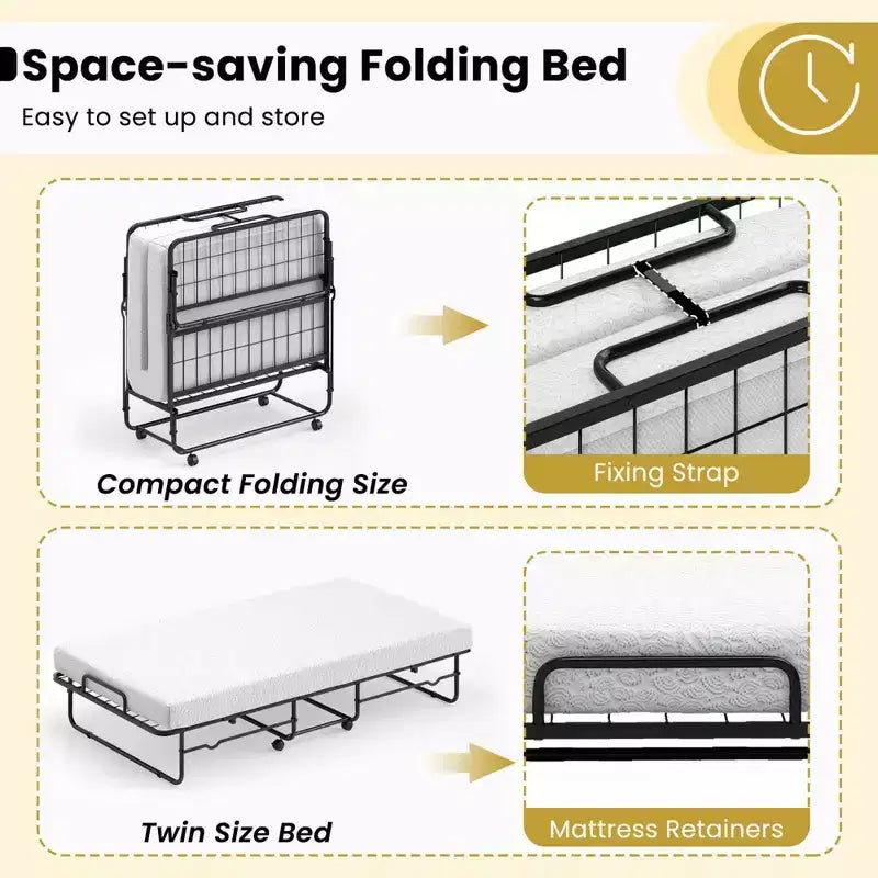 Letto Pieghevole per Ospiti Individuale – 96,5x190,5 cm, Brandina Portatile, Ingombro Ridotto