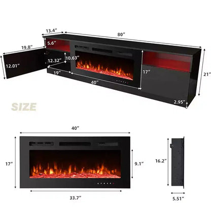 Mobile TV da 80" con caminetto elettrico integrato – LED a 16 colori, telecomando, legno