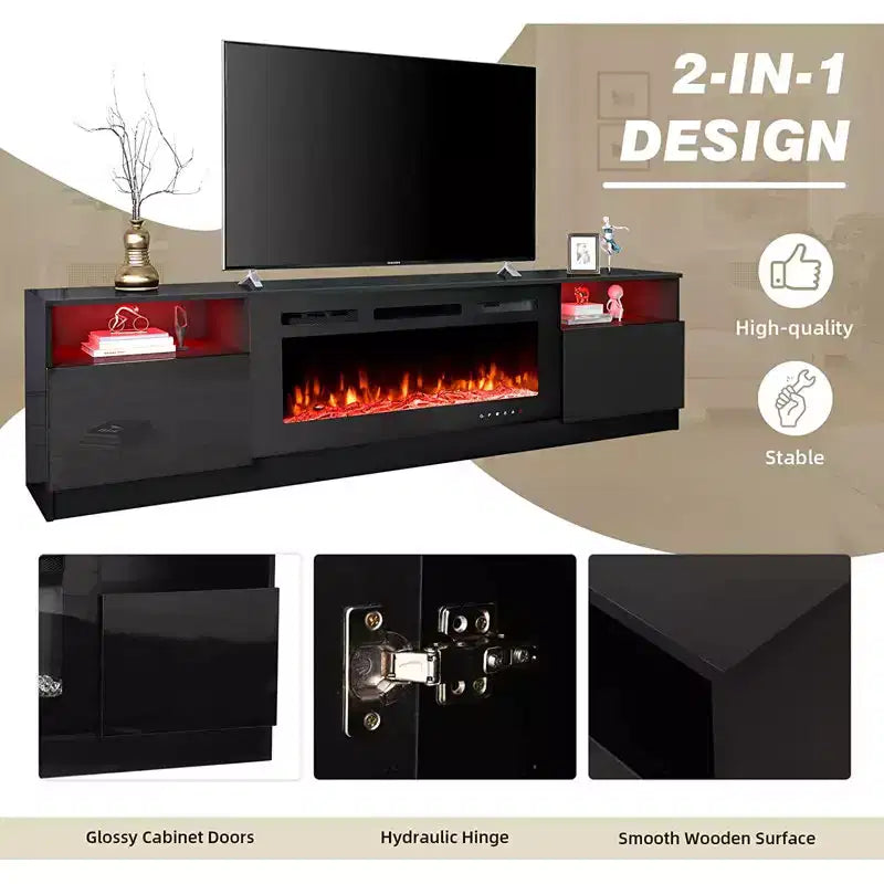 Mobile TV da 80" con caminetto elettrico integrato – LED a 16 colori, telecomando, legno