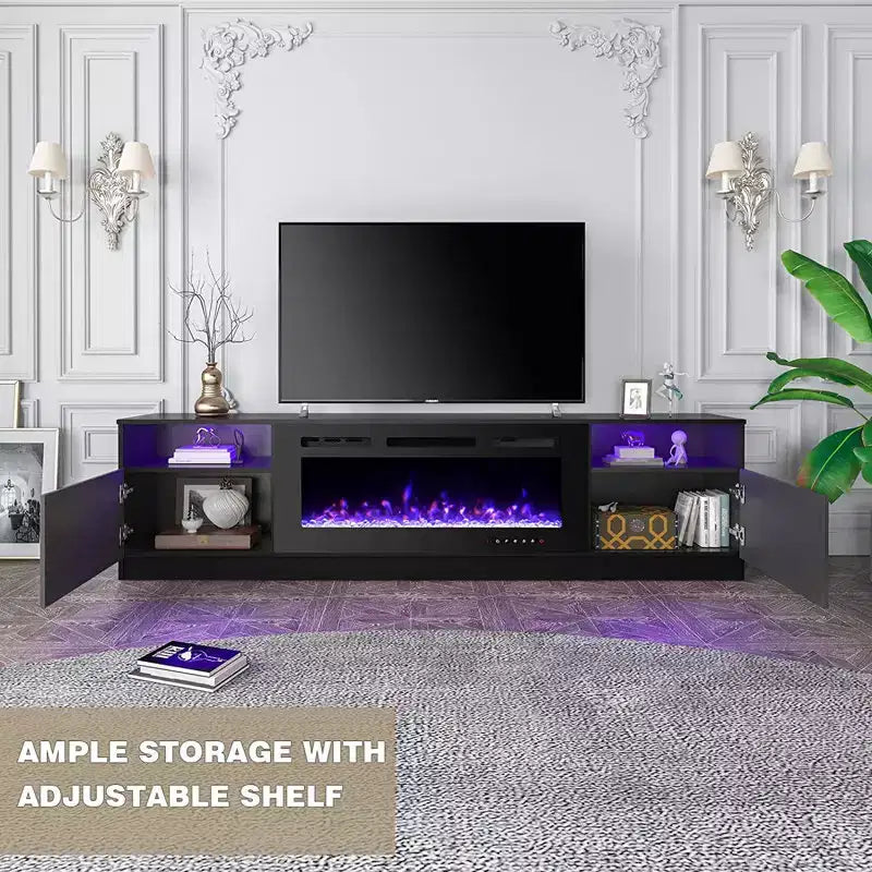 Mobile TV da 80" con caminetto elettrico integrato – LED a 16 colori, telecomando, legno
