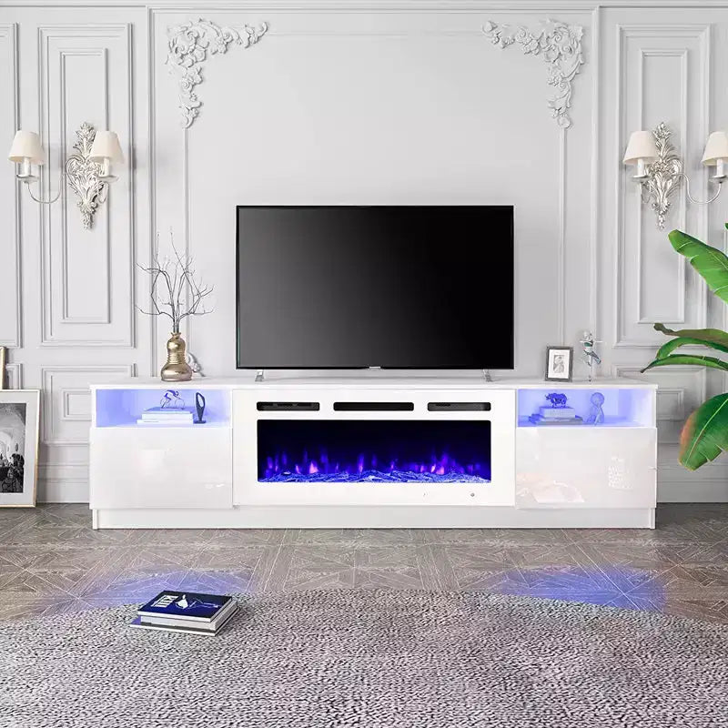 Mobile TV da 80" con caminetto elettrico integrato – LED a 16 colori, telecomando, legno