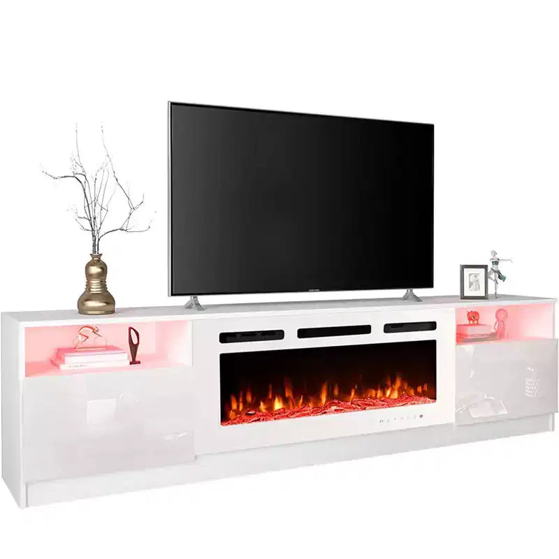 Mobile TV da 80" con caminetto elettrico integrato – LED a 16 colori, telecomando, legno