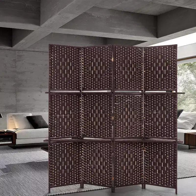 Divisorio in legno a 4 ante con mensole – Motivo in rattan, cerniere a 180°, pieghevole