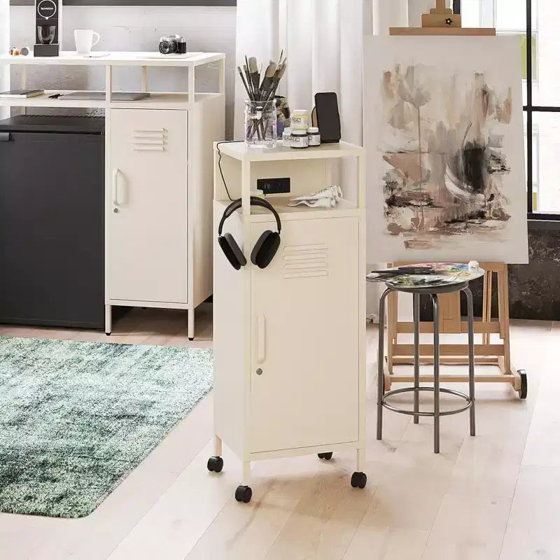 Carrello portaoggetti su rotelle in metallo stile armadietto – Ruote bloccabili, porte USB, acciaio verniciato a polvere