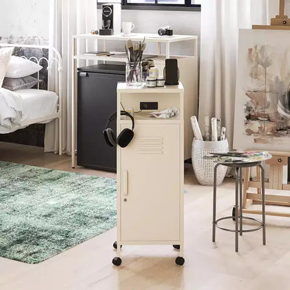 Carrello portaoggetti su rotelle in metallo stile armadietto – Ruote bloccabili, porte USB, acciaio verniciato a polvere