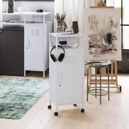 Carrello portaoggetti su rotelle in metallo stile armadietto – Ruote bloccabili, porte USB, acciaio verniciato a polvere