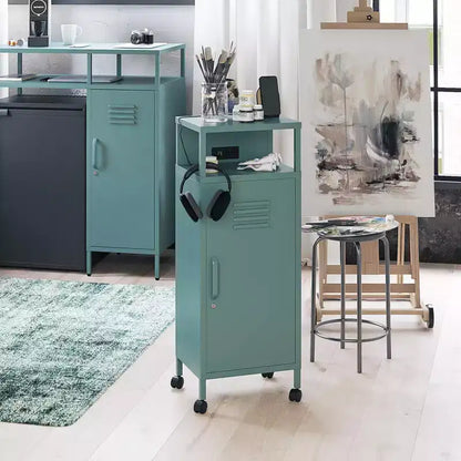 Carrello portaoggetti su rotelle in metallo stile armadietto – Ruote bloccabili, porte USB, acciaio verniciato a polvere