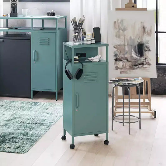 Carrello portaoggetti su rotelle in metallo stile armadietto – Ruote bloccabili, porte USB, acciaio verniciato a polvere