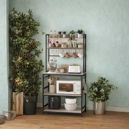 Porta Forno a Microonde con Presa di Corrente, 14 Ganci, Mobiletto Bar per Caffè Regolabile, Scaffale da Cucina, 40 x 80 x 170 cm
