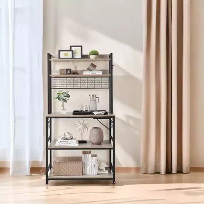 Porta Forno a Microonde con Presa di Corrente, 14 Ganci, Mobiletto Bar per Caffè Regolabile, Scaffale da Cucina, 40 x 80 x 170 cm