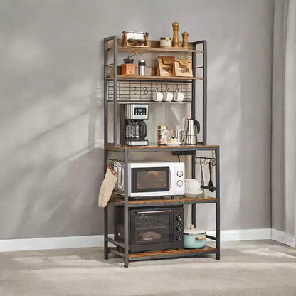 Porta Forno a Microonde con Presa di Corrente, 14 Ganci, Mobiletto Bar per Caffè Regolabile, Scaffale da Cucina, 40 x 80 x 170 cm