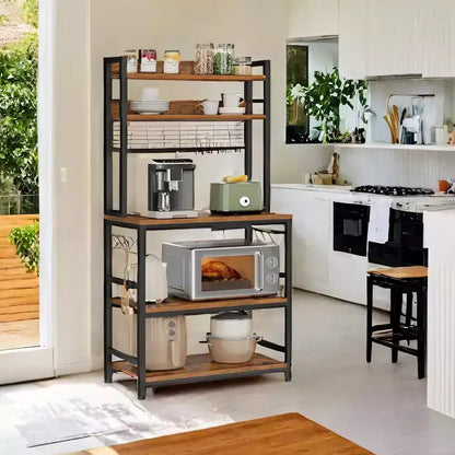 Porta Forno a Microonde con Presa di Corrente, 14 Ganci, Mobiletto Bar per Caffè Regolabile, Scaffale da Cucina, 40 x 80 x 170 cm