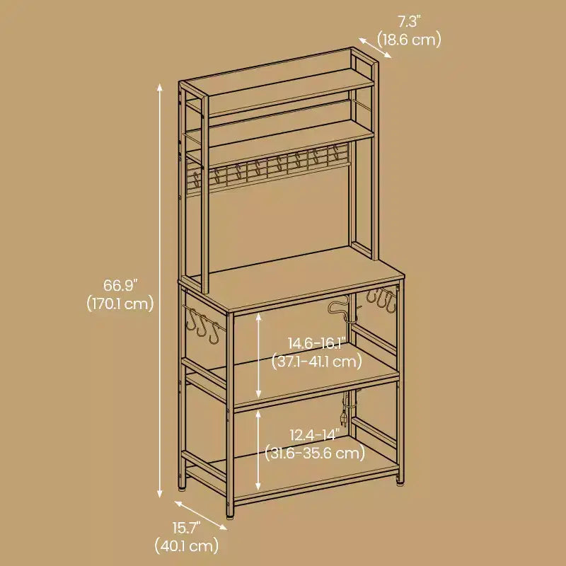 Porta Forno a Microonde con Presa di Corrente, 14 Ganci, Mobiletto Bar per Caffè Regolabile, Scaffale da Cucina, 40 x 80 x 170 cm