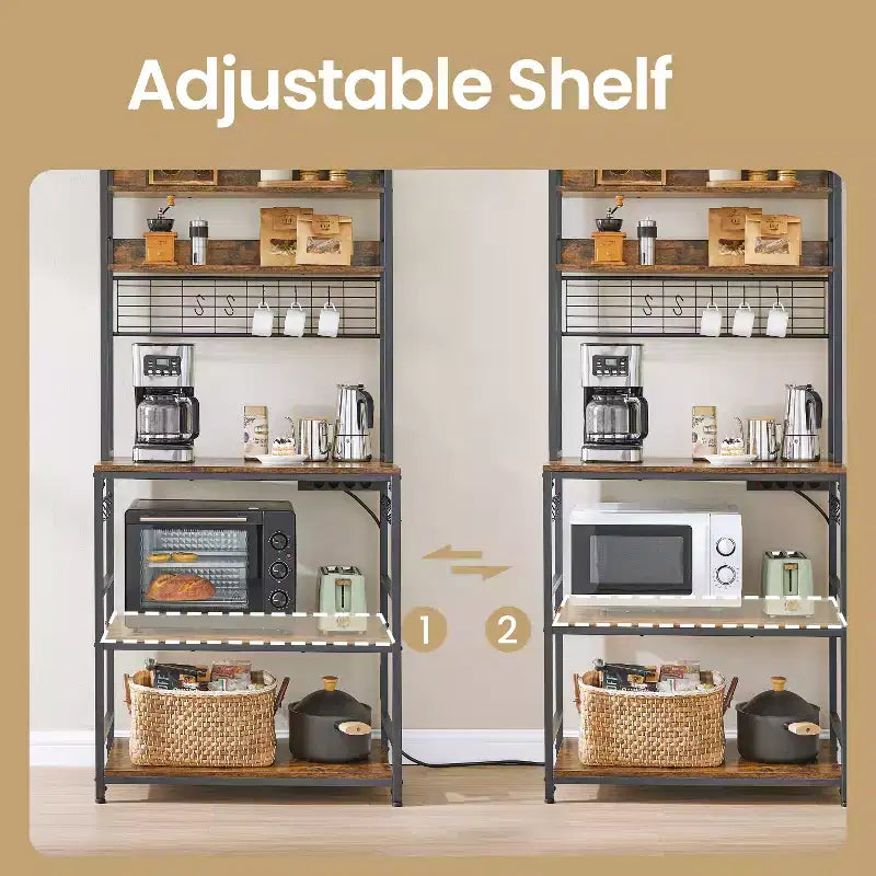 Porta Forno a Microonde con Presa di Corrente, 14 Ganci, Mobiletto Bar per Caffè Regolabile, Scaffale da Cucina, 40 x 80 x 170 cm
