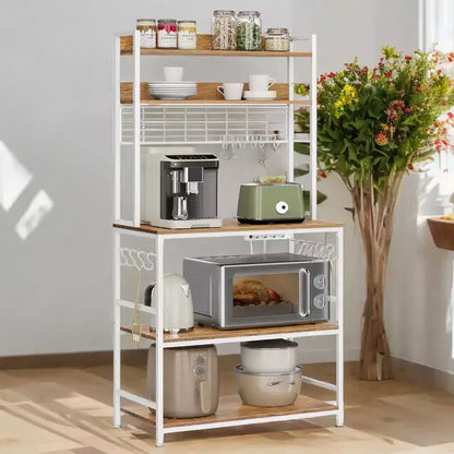 Porta Forno a Microonde con Presa di Corrente, 14 Ganci, Mobiletto Bar per Caffè Regolabile, Scaffale da Cucina, 40 x 80 x 170 cm
