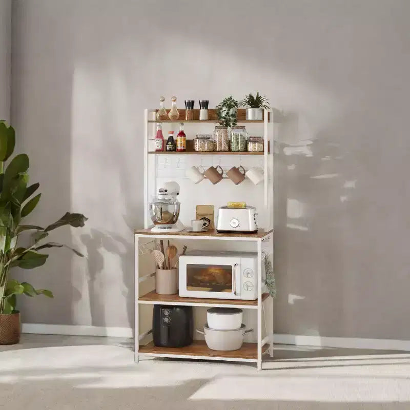 Porta Forno a Microonde con Presa di Corrente, 14 Ganci, Mobiletto Bar per Caffè Regolabile, Scaffale da Cucina, 40 x 80 x 170 cm