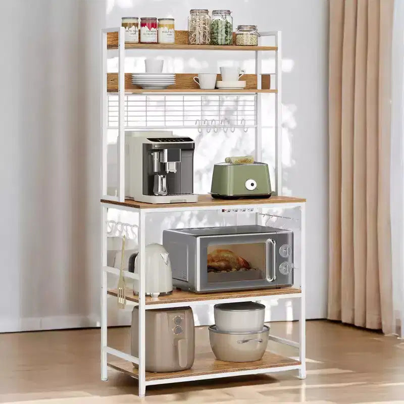 Porta Forno a Microonde con Presa di Corrente, 14 Ganci, Mobiletto Bar per Caffè Regolabile, Scaffale da Cucina, 40 x 80 x 170 cm