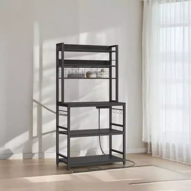 Porta Forno a Microonde con Presa di Corrente, 14 Ganci, Mobiletto Bar per Caffè Regolabile, Scaffale da Cucina, 40 x 80 x 170 cm
