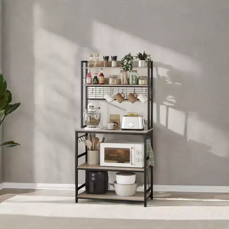 Porta Forno a Microonde con Presa di Corrente, 14 Ganci, Mobiletto Bar per Caffè Regolabile, Scaffale da Cucina, 40 x 80 x 170 cm