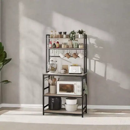 Porta Forno a Microonde con Presa di Corrente, 14 Ganci, Mobiletto Bar per Caffè Regolabile, Scaffale da Cucina, 40 x 80 x 170 cm