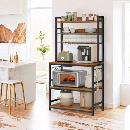 Porta Forno a Microonde con Presa di Corrente, 14 Ganci, Mobiletto Bar per Caffè Regolabile, Scaffale da Cucina, 40 x 80 x 170 cm