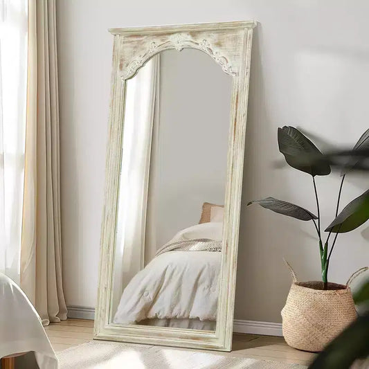 White Solid Wood Rectangular Full-Length Standing Mirror 180x90x4cm (No Stand)