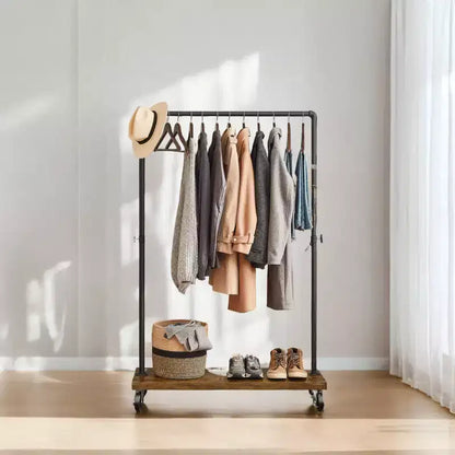 LEDREM Rolling Garment Rack with Shelf, Heavy-Duty Industrial Pipe Style Clothes Rack for Bedroom, Laundry Room, Commercial Display