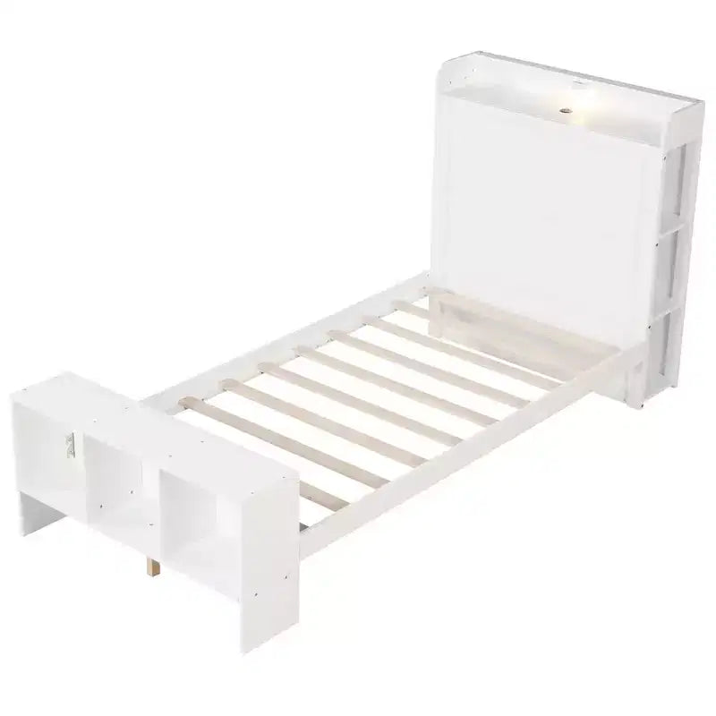 Struttura Letto a Piattaforma Matrimoniale/Una Piazza e Mezza con Luci LED, Porte USB e Testiera con Contenitore