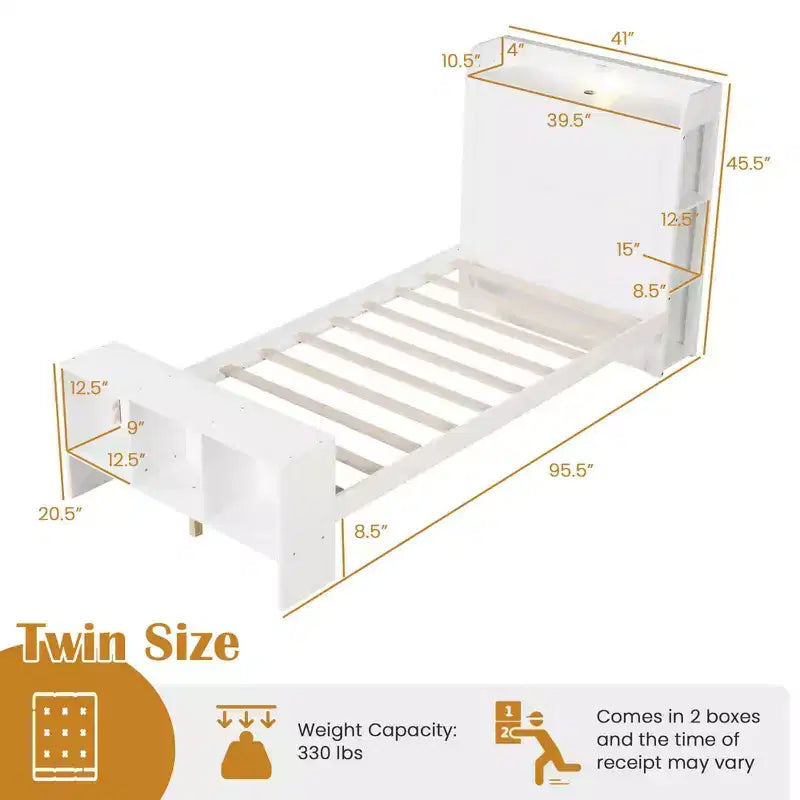 Struttura Letto a Piattaforma Matrimoniale/Una Piazza e Mezza con Luci LED, Porte USB e Testiera con Contenitore