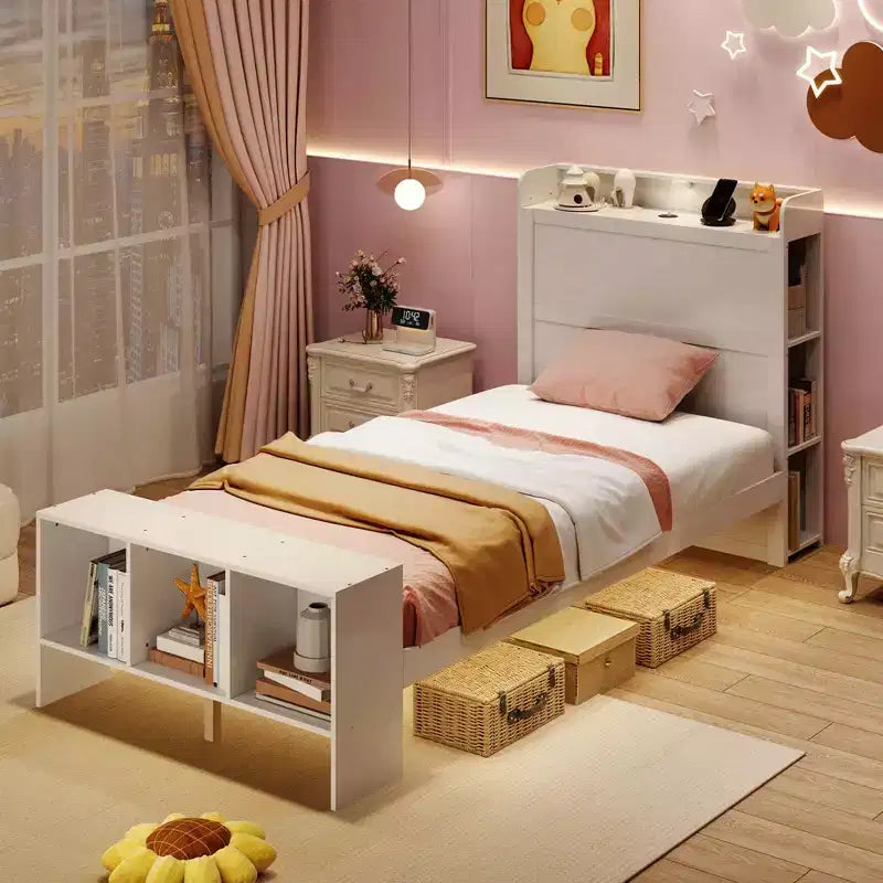 Struttura Letto a Piattaforma Matrimoniale/Una Piazza e Mezza con Luci LED, Porte USB e Testiera con Contenitore