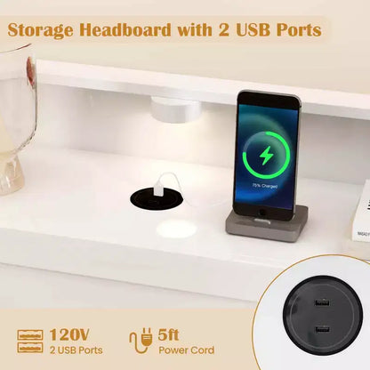 Struttura Letto a Piattaforma Matrimoniale/Una Piazza e Mezza con Luci LED, Porte USB e Testiera con Contenitore