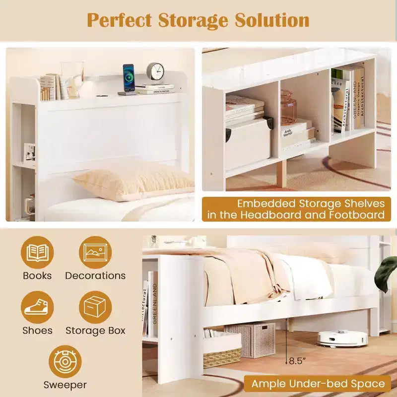 Struttura Letto a Piattaforma Matrimoniale/Una Piazza e Mezza con Luci LED, Porte USB e Testiera con Contenitore