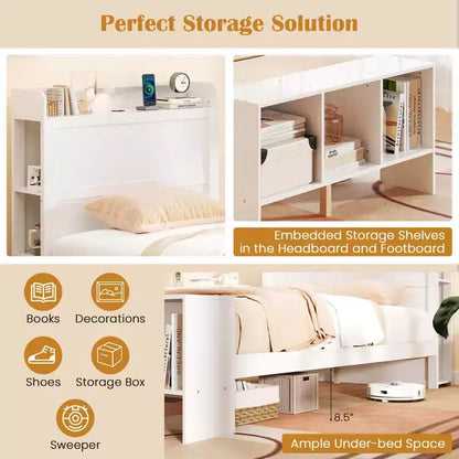 Struttura Letto a Piattaforma Matrimoniale/Una Piazza e Mezza con Luci LED, Porte USB e Testiera con Contenitore