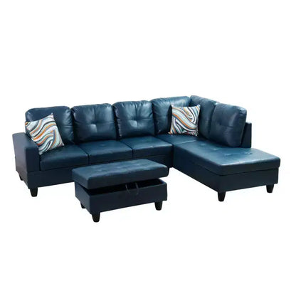 Divano sezionale in similpelle semi-PU blu - Design moderno a L, cuscini trapuntati, pouf contenitore, arredamento contemporaneo