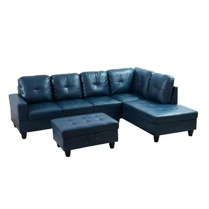 Divano sezionale in similpelle semi-PU blu - Design moderno a L, cuscini trapuntati, pouf contenitore, arredamento contemporaneo