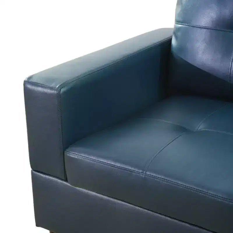 Divano sezionale in similpelle semi-PU blu - Design moderno a L, cuscini trapuntati, pouf contenitore, arredamento contemporaneo