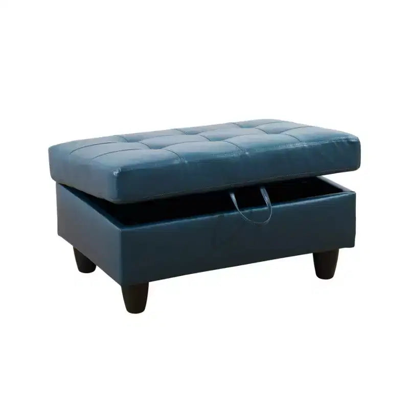 Divano sezionale in similpelle semi-PU blu - Design moderno a L, cuscini trapuntati, pouf contenitore, arredamento contemporaneo