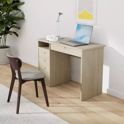 Scrivania per computer con 5 cassetti – Finitura Rovere, Cassetto con serratura, Maniglie in metallo