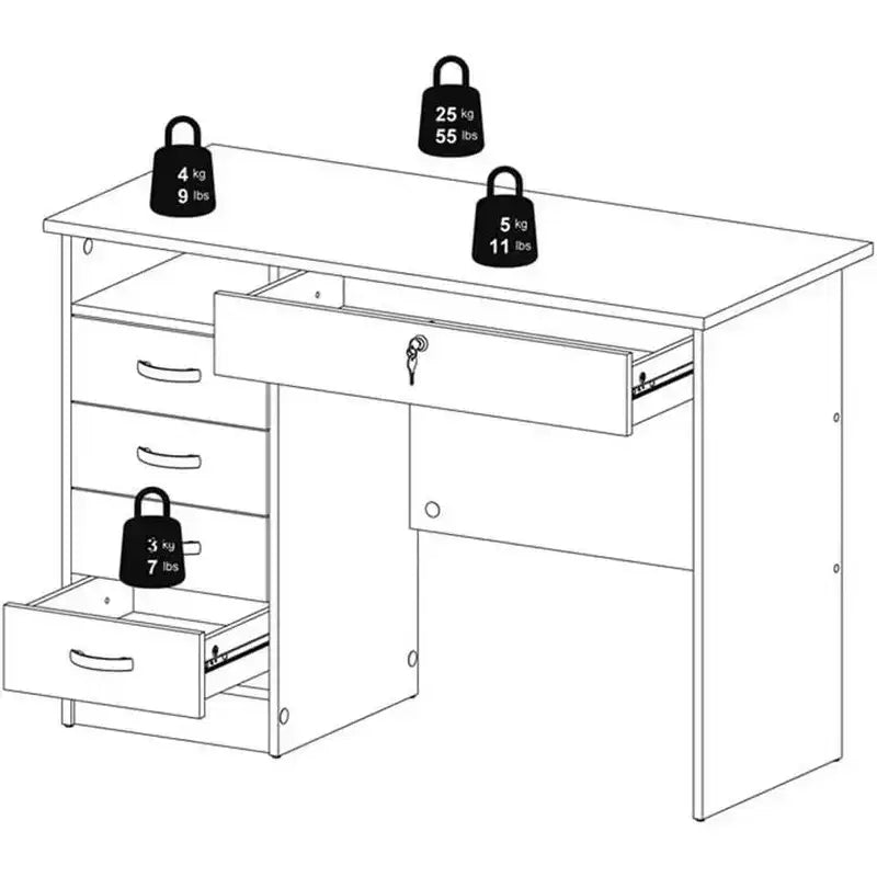 Scrivania per computer con 5 cassetti – Finitura Rovere, Cassetto con serratura, Maniglie in metallo
