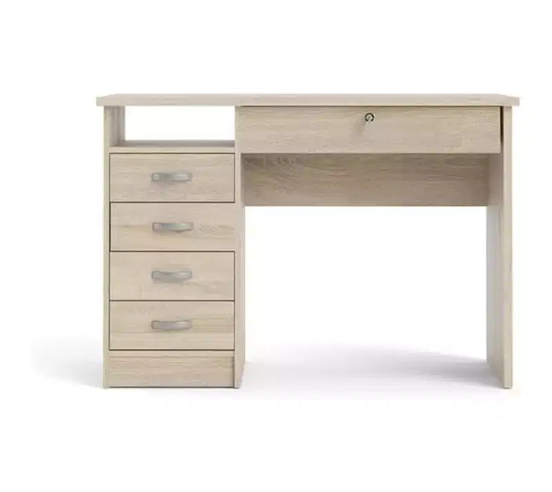 Scrivania per computer con 5 cassetti – Finitura Rovere, Cassetto con serratura, Maniglie in metallo