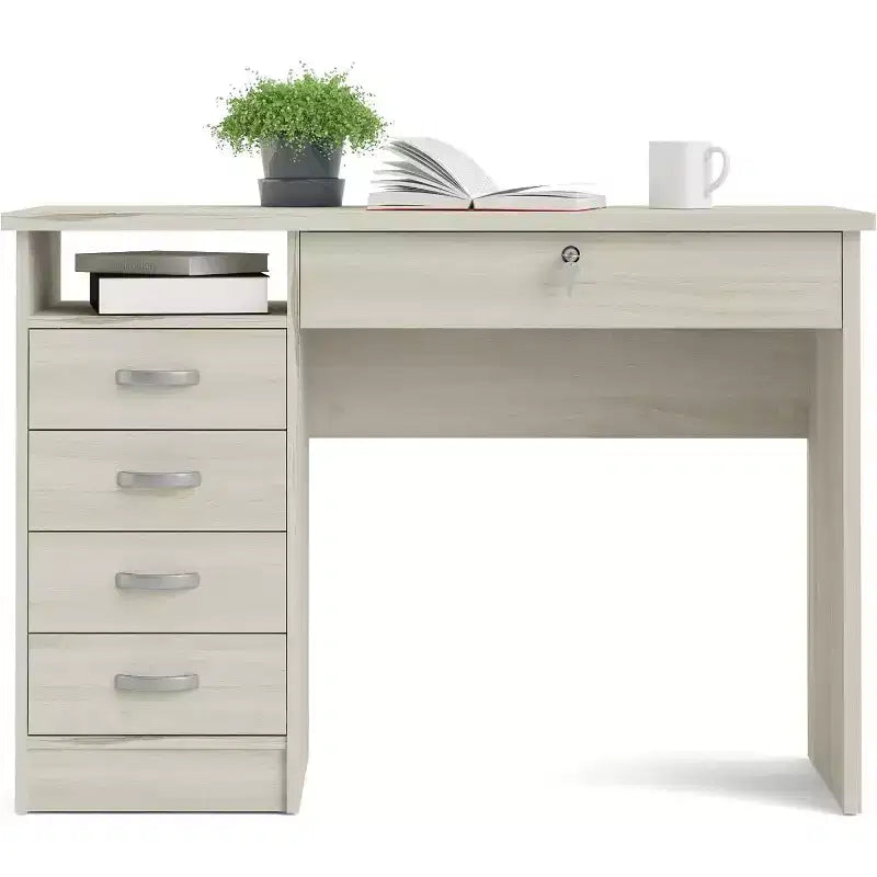 Scrivania per computer con 5 cassetti – Finitura Rovere, Cassetto con serratura, Maniglie in metallo