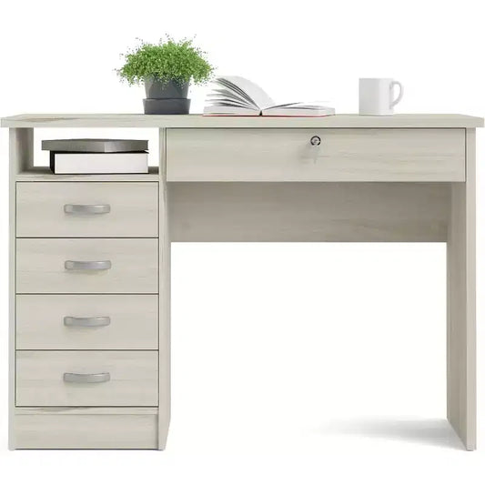 Scrivania per computer con 5 cassetti – Finitura Rovere, Cassetto con serratura, Maniglie in metallo
